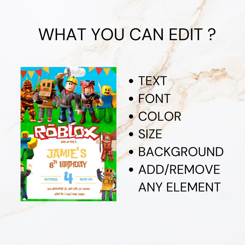 K&ouml;nnte beinhalten: Eine farbenfrohe Roblox-Geburtstagseinladung mit dem Text "Jamie's 8th Birthday". Die Einladung enth&auml;lt Cartoon-Charaktere, Datum, Uhrzeit und Ort. Der Text "What You Can Edit?" steht oben.