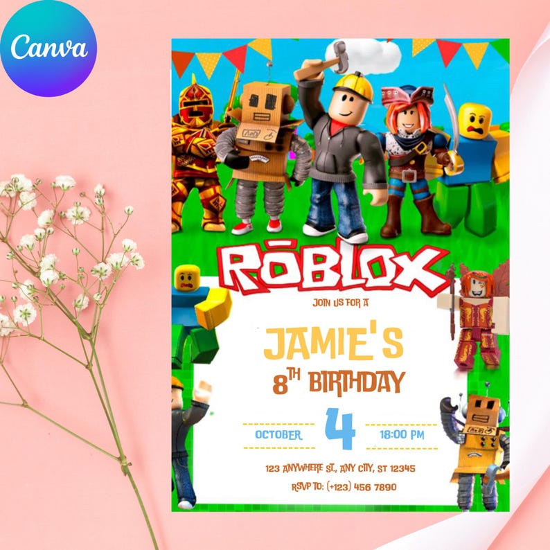 K&ouml;nnte beinhalten: Eine farbenfrohe Roblox-Geburtstagseinladung. Das Design zeigt Roblox-Charaktere, das Roblox-Logo und den Text "Jamies 8. Geburtstag" mit Datum, Uhrzeit und RSVP-Informationen. Der Hintergrund ist gr&uuml;n und blau.