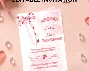 Strawberry Baby Shower Invitation: Berry Sweet Coquette Design (Canva Printable)