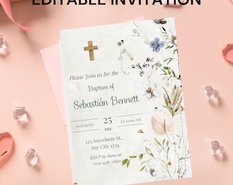 Wildflower Baptism Invitation Template, Dusty Pink Floral (Printable)