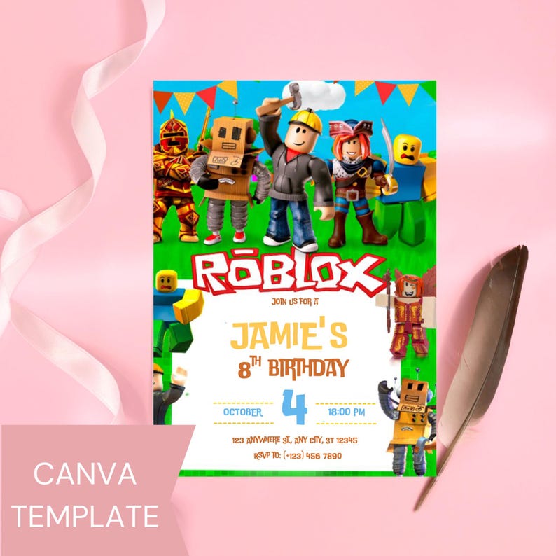 K&ouml;nnte beinhalten: Eine farbenfrohe Roblox-Geburtstagseinladung. Das Design zeigt Roblox-Charaktere, das Roblox-Logo und den Text "Jamie's 8th Birthday" mit Datum und Uhrzeit. Die Worte "Canva Template" stehen unten links.