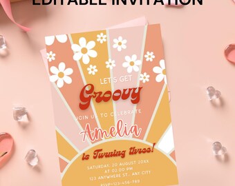 Dos geniales invitaciones de cumpleaños: Chica retro para su segundo cumpleaños, plantilla editable de Canva (descarga digital)