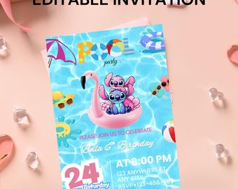 Stitch Pool Party Birthday Invitation: Editable Canva Template (5x7 inch)