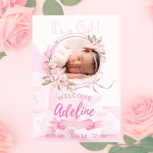 Geboorteaankondiging uitnodigen voor babymeisje, bewerkbare sjabloon voor babymeisje, geboortekaartje meisje, geboortekaartje meisje