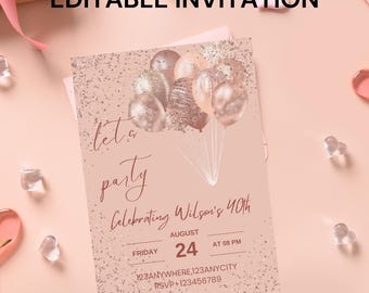 Rose Gold Birthday Invitation: Editable Party Balloons Design (Canva Template, Digital Download