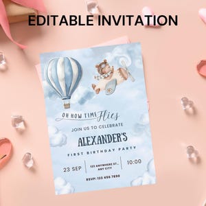 Airplane 1st Birthday Invitation Template: Time Flies Party (Canva Editable, Digital Download)