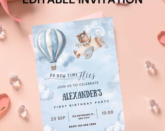 Flugzeug 1. Geburtstagseinladungsvorlage: Die Zeit vergeht Party (Canva bearbeitbar, digitaler Download)