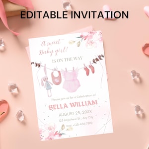 Boho Clothesline Baby Shower Invitation Template: Editable Floral Design (5x7 inch, PDF Download)