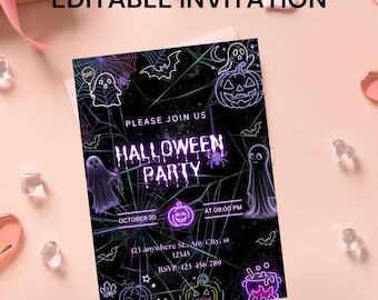 Neon Halloween Birthday Invitation: Spooky Glow Party (Editable Canva Template)