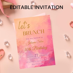 Editable Pink and Orange Invitation, Let's Brunch, Summer, Birthday, Wedding, Bridal Shower, Any Occasion, Printable or Digital Invitation