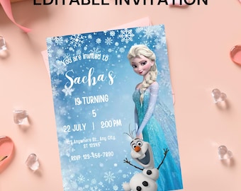 Frozen Birthday Invitation: Elsa Winter Snow Theme (Canva Template - Digital Download