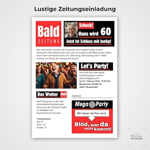 Lustige Einladung 60. Geburtstag Canva Vorlage - Zeitungseinladung digital - personalisiertere Geburtstagskarte zum Ausdrucken