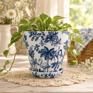 Blue White Flamingo Planter, Decoupage Tropical Botanical Pot, Coastal Home Decor