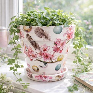 Spring Cherry Blossom Flower Pot, Bird egg and feather planter, Handmade Decor