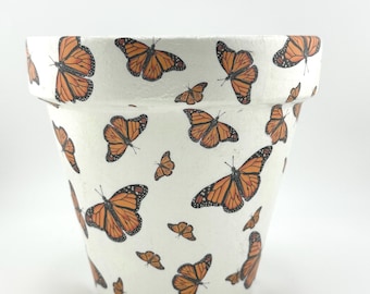 Decoupaged Flower Pot with Monarch Butterflies | White Background