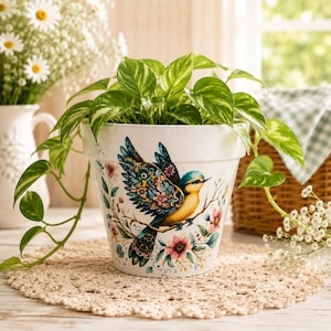 May include: A white ceramic plant pot featuring a colorful illustration of a bird with blue, yellow, and black feathers perched on a branch, surrounded by pink and white floral patterns, containing a green leafy pothos plant with trailing vines.
