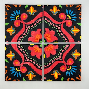 Fiesta Ceramic Coasters: Vibrant Hand Decorated Drink Coasters, Cork Backed, Set of 4