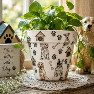 May include: A white ceramic plant pot featuring a repeating pattern of various dog breeds, wooden dog houses, bones, and black paw prints. A green leafy plant grows from the top of the pot, which is decorated with detailed illustrations.