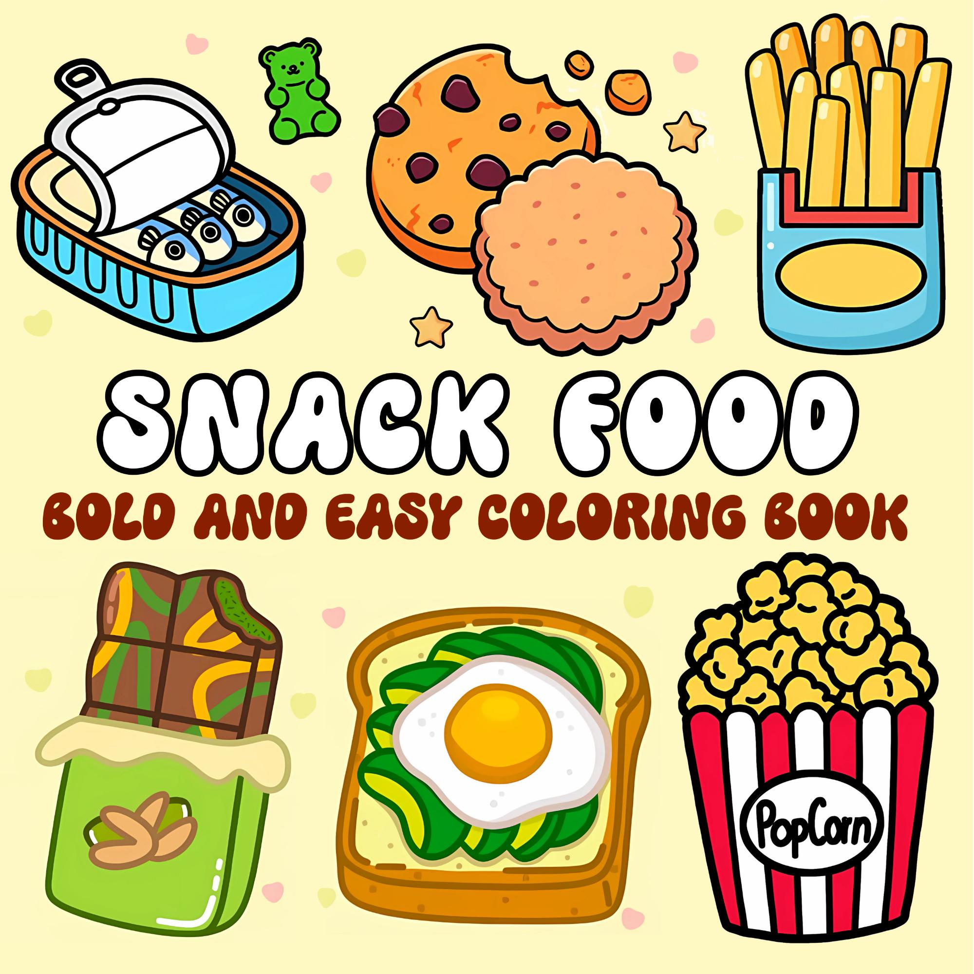 Páginas para colorear de comida y snacks en PDF imprimible, diseños gruesos y fáciles para niños y adultos, descarga digital instantánea