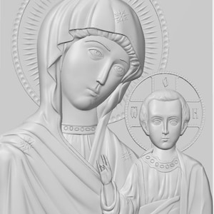 Może przedstawiać: Szara rzeźba reliefowa przedstawiająca ikonę religijną. Obraz przedstawia centralną postać z aureolą, obok mniejszej postaci, obie z pogodnymi wyrazami twarzy. Dzieło sztuki jest oddane w klasycznym stylu, ze skomplikowanymi detalami.