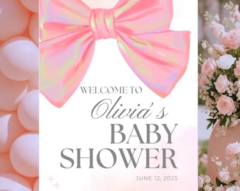 Pink Bow Baby Shower Willkommensschild - Bearbeitbare Canva Vorlage (Digitaler Download)