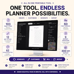Może przedstawiać: Monitor komputerowy wyświetlający interfejs generatora planerów do druku z tekstem ALL IN ONE PRINTABLE TOOL, ONE TOOL. ENDLESS PLANNER POSSIBILITIES. Funkcje obejmują 103 typy stron, 60 par czcionek, 12 stylów artystycznych, 62 palety kolorów, 9 natychmiastowych wariantów oraz opcje eksportu 300 DPI w formatach PDF, PNG i SVG.