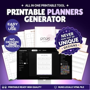 May include: A digital printable planner generator tool displayed on a computer monitor, surrounded by various printed planner page templates. The interface features text including ALL IN ONE PRINTABLE TOOL, EASY TO USE, and NEVER RUN OUT OF UNIQUE DESIGNS.