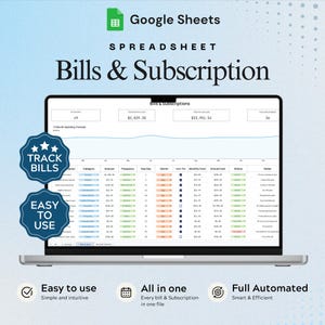 Suivi des factures d'abonnement Google Sheets | Feuille de calcul des dépenses mensuelles (Téléchargement numérique)