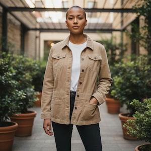 May include: A tan corduroy jacket with four front pockets and button closures. The jacket is worn over a white t-shirt and dark blue jeans. The person is standing in a courtyard with potted plants.