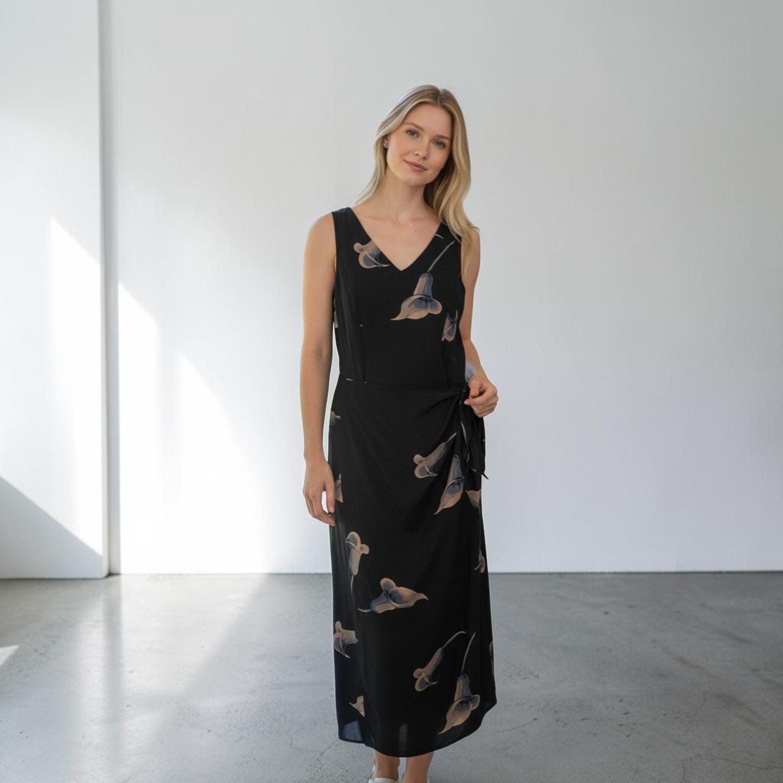 black dress shoes flats Valentina Black Floral Embroidered Maxi Dress with Pleated Cape – Frock and  Frill main image 0