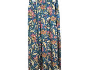 Vintage 90s Stark X Batik Tropical Maxi Skirt L Blue Floral Cotton USA Festival
