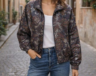 Kurtka bomberka z jedwabiu w stylu paisley w stylu boho folk z zamkiem błyskawicznym, unisex, rok 2000