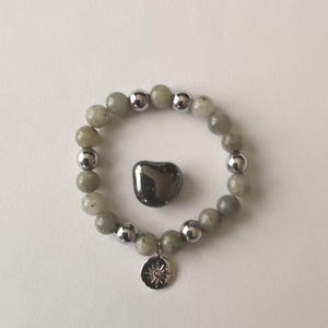 Pulsera de mujer, piedras naturales, gemas, cuentas de labradorita gris y hematita plateada