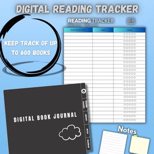 May include: A digital reading tracker and journal with a black cover and white cloud illustrations. The tracker has a blue and white gradient background with columns for book title, author, pages, and rating. The journal has tabs for reading tracker, library, notes, and calendar. The text "DIGITAL READING TRACKER" and "DIGITAL BOOK JOURNAL" is displayed on the image. The quote "You have brains in your head. You have feet in your shoes. You can steer yourself any direction you choose." - Dr. Seuss, Oh, the Places You'll Go! is displayed at the bottom of the journal.
