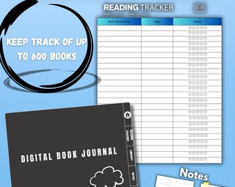 Rastreador de lectura digital / Registro de 600 libros / Registro de calificación de libros / Diario de lectura en PDF / Rastreador de libros para lectores ávidos / Lista de libros imprimible