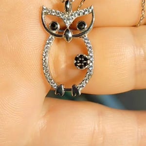 925 Sterling Silver Owl Necklace with Zircon and Black Onyx Stones, Adjustable Rhodium Plated Chain, Gift for Her