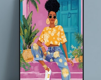 Lámina artística de mujer negra moderna / Decoración bohemia de verano (descarga digital)