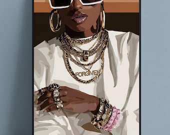 Impresión artística de mujer negra / Ilustración de moda, decoración glamurosa (descarga digital)