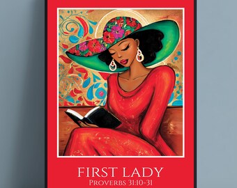 Lámina artística de la Primera Dama / Mujer negra elegante, decoración cristiana para el hogar (descarga digital)