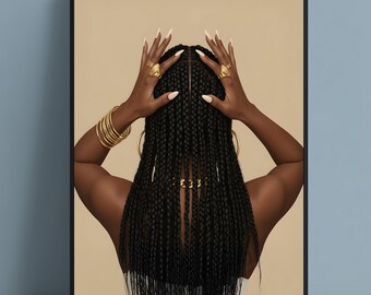 Impresión artística de trenzas de reina negra / Mujer afroamericana (descarga digital)