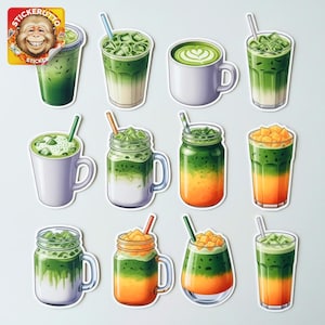 Matcha Sticker Pack – 50 Aesthetic Matcha Green Tea Vinyl Stickers – Iced Latte, Bubble Tea, Café Vibes –Laptop Stickers, Free Gift Included