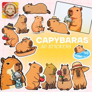 Capybara Vinyl Sticker Pack – 50 Cute Waterproof Animal Stickers for Laptop, Water Bottle, Scrapbook & Journal, Guitar, Helmet