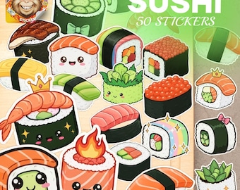 50 Kawaii Sushi Stickers – Waterproof Vinyl Decal Set