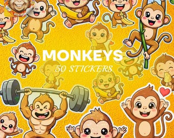 Monkey Stickers - Waterproof Vinyl Decals, Jungle Animals (50-Pack)