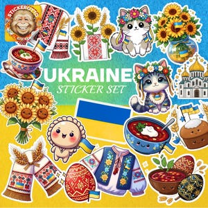 Peut inclure: Un ensemble d'autocollants sur le thème de l'Ukraine. L'ensemble comprend des images de tournesols, de chats avec des couronnes de fleurs, de bols de bortsch, de vêtements traditionnels, d'œufs de Pâques et du drapeau ukrainien. Le texte "UKRAINE STICKER SET" est également présent.