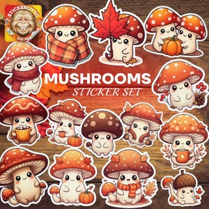 Autumn Mushroom Sticker Pack –  Cozy Fall Kawaii Mushrooms, Pumpkins & Leaves – Vinyl or Holographic Stickers