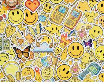Yellow Sticker Pack – Waterproof Vinyl Decals, Smiley Faces & Van Gogh Art