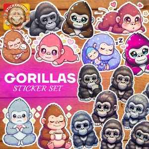Cute Gorilla Sticker Pack -  Kawaii Jungle Animal Stickers Vinyl or Holographic for Laptops, Journals