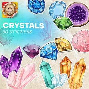 Kristallen vinylstickerpakket – 50 glanzende en holografische edelsteenstickers | Stickers waterdicht kwarts, diamant, amethist - laptopstickers, flessenstickers