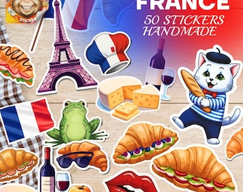 Stickerpakket Parijs Frankrijk: Eiffeltoren, croissant, Franse cultuur (set van 50 vinyl/holografie)